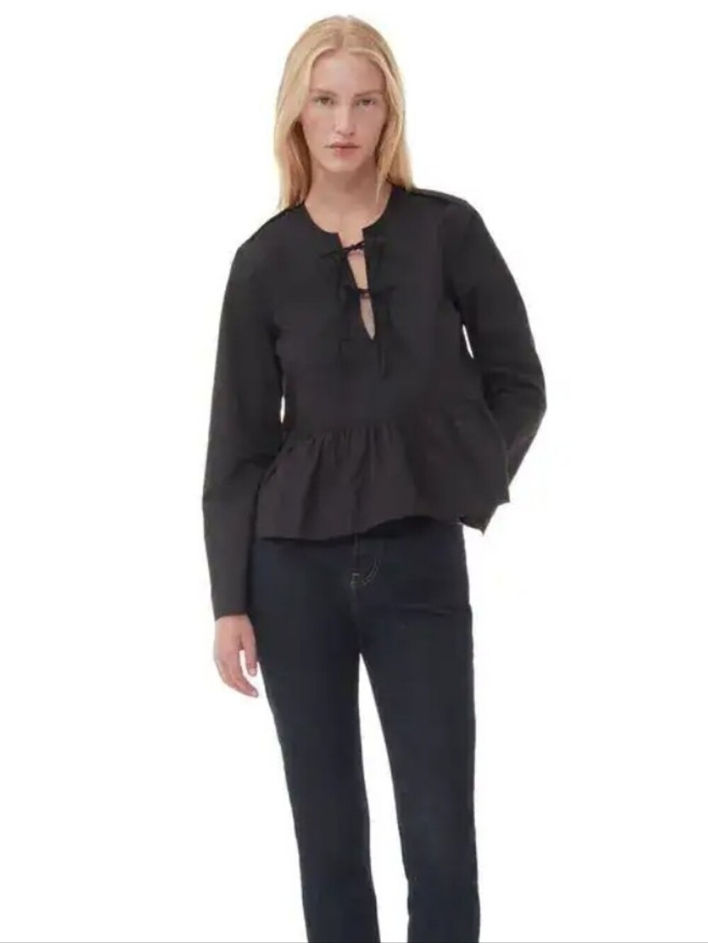 GANNI Cotton Poplin Tie String Peplum Blouse Black Women's US 6 Medium